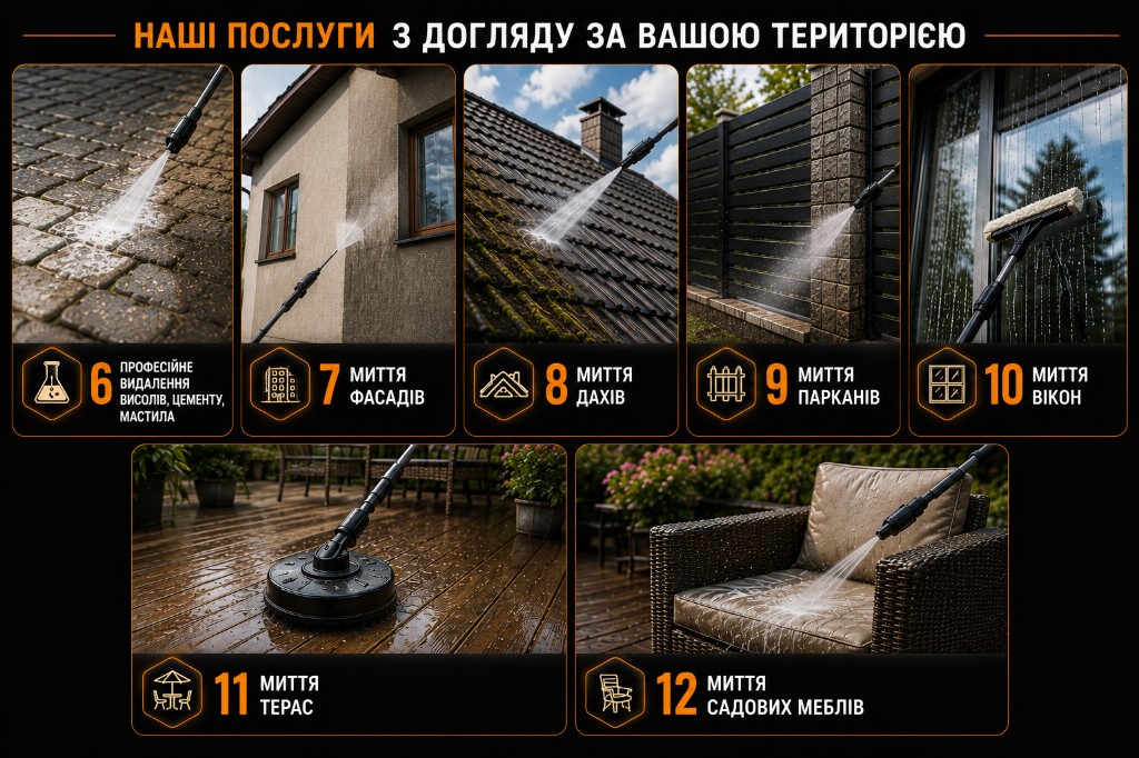 Догляд за територією: видалення висолів, миття фасадів, дахів, парканів, вікон, терас і меблів