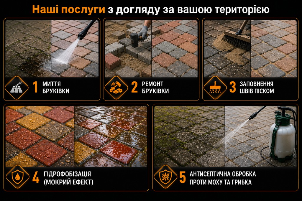 Послуги з бруківки: миття, ремонт, заповнення швів, гідрофобізація, антисептична обробка